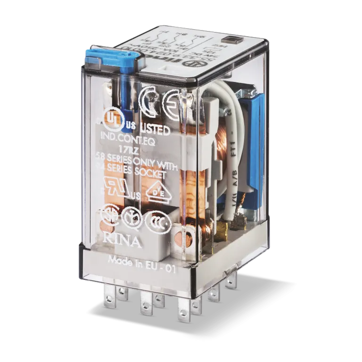 553382300010 - Miniature universal electromechanical relay; Installation in the outlet; 3CO 10A; AGNI contacts; Coil 230V AC; degree of protection of RTI; Options: Test button - Finder - 0